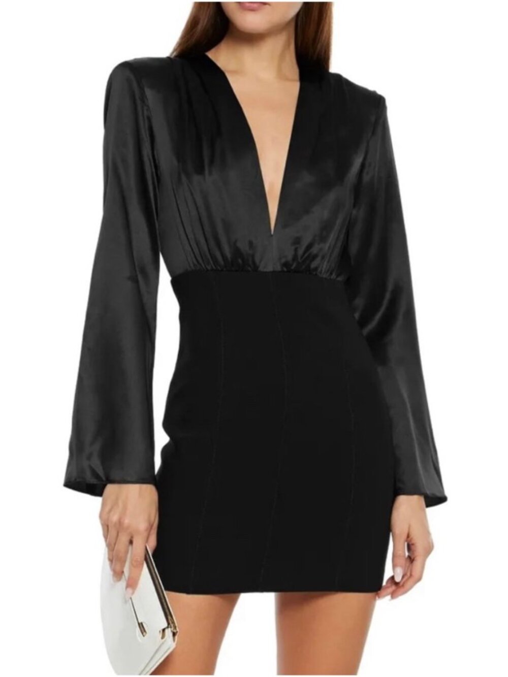 Cinq a Sept Black Satin Crepe Mini V Neck Cocktail Dress Size 6